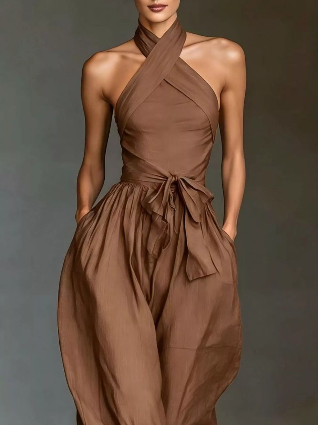 Halter neck wide-leg jumpsuit with waist-tie detail, trendy fashion from Trendsi, shown in black on model.