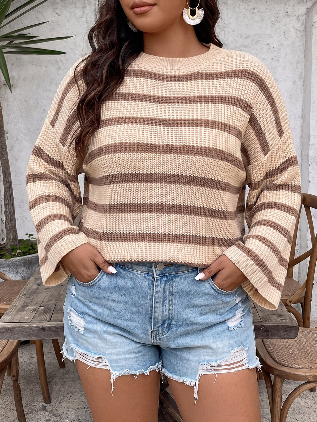 Ladies' Striped Top, Plus Size Women's Clothing, Button Decoration,Sweater