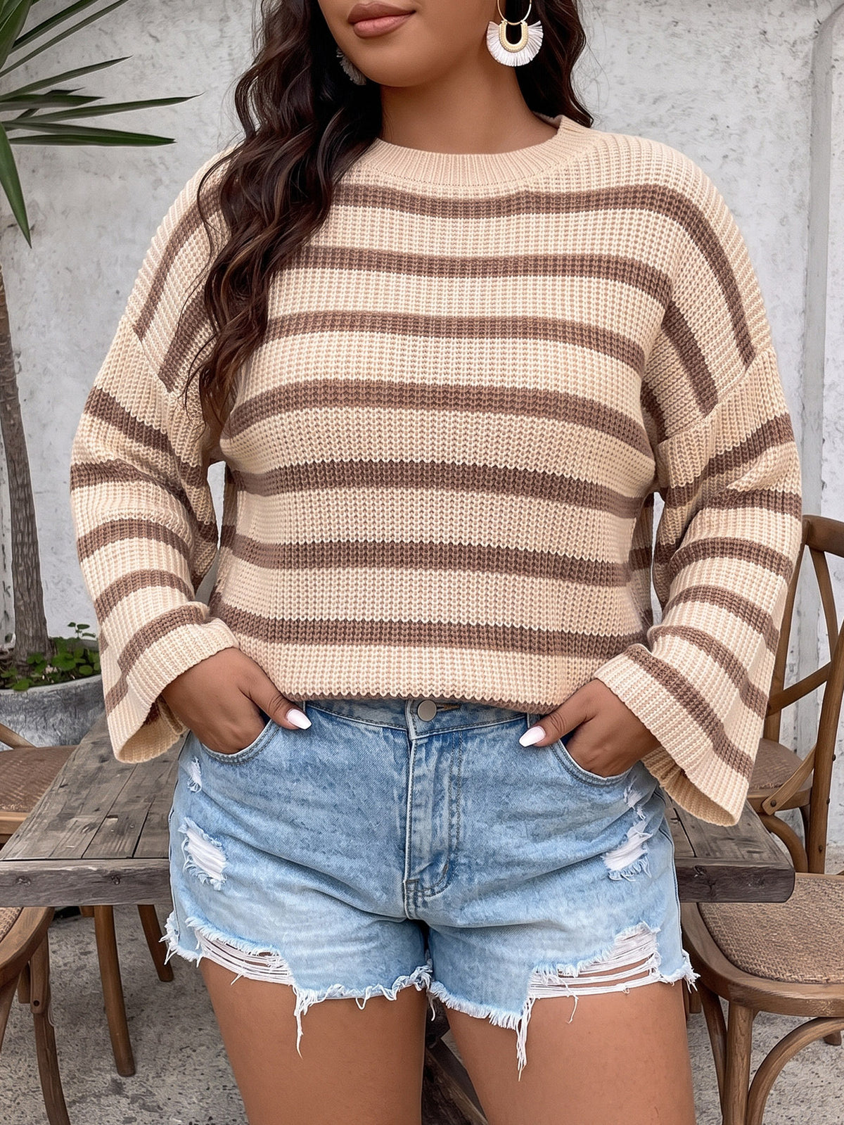 Ladies' Striped Top, Plus Size Women's Clothing, Button Decoration,Sweater
