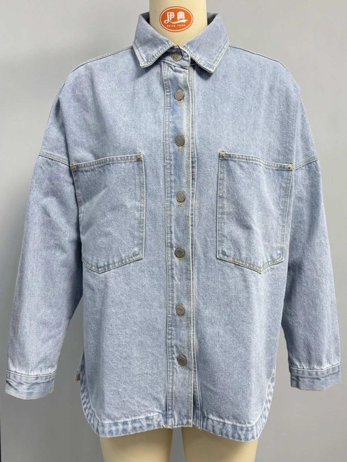 Button-down dropped shoulder denim jacket, view 3