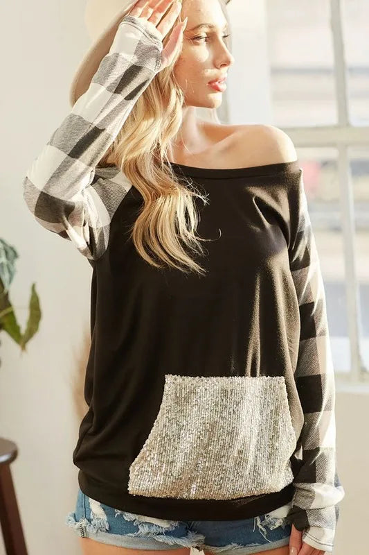 BiBi French Terry Top with sequins and kangaroo pocket, casual long-sleeve shirt by Trendsi, soft fabric and stylish design