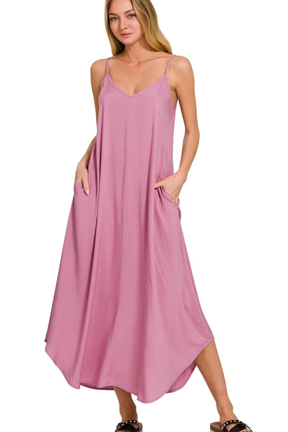 Zenana woven cami dress with arc hem and flowy pockets, featuring a stylish and comfortable design in natural fabric.