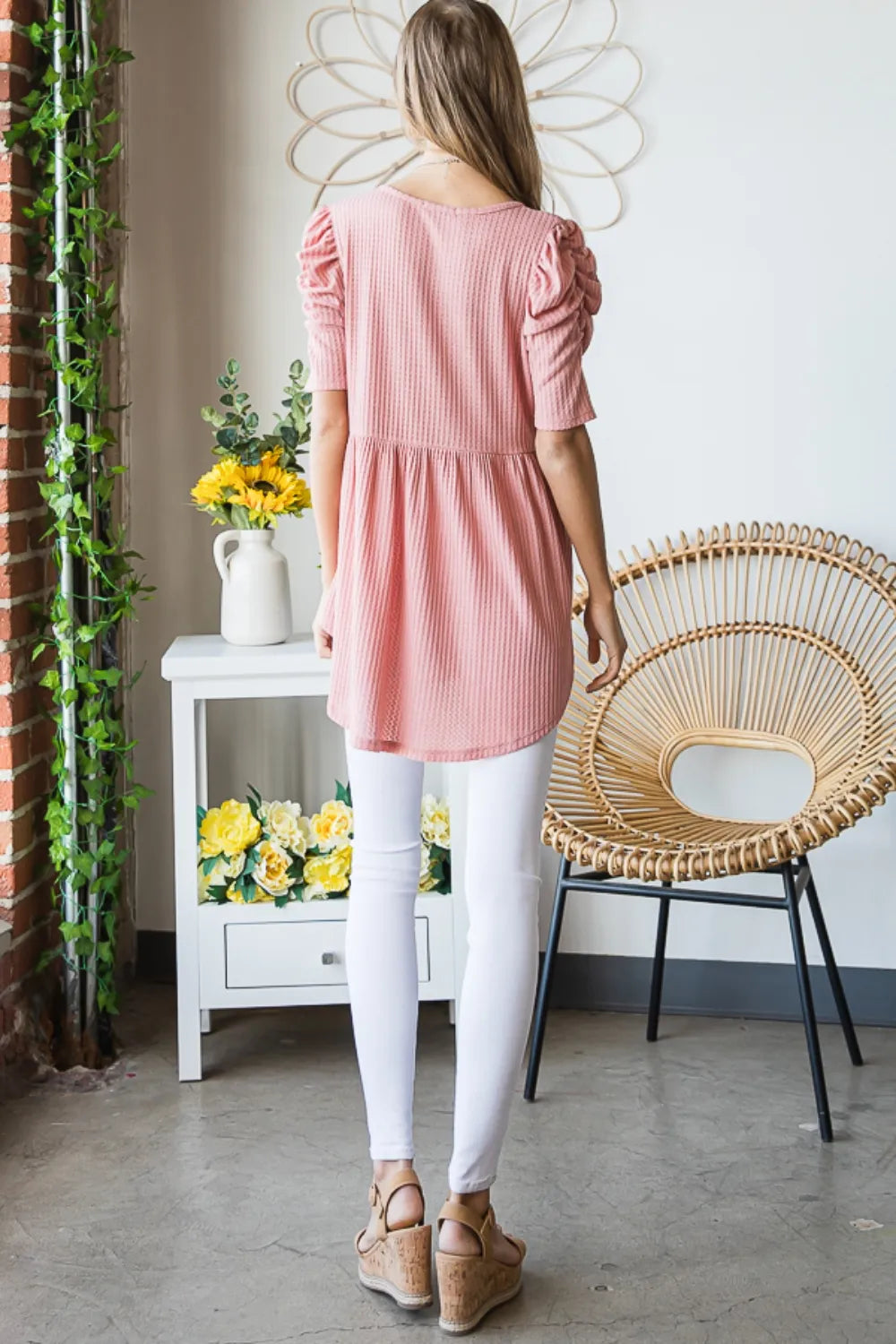 Heimish full size waffle knit V-neck babydoll top in soft fabric, featuring a relaxed fit and stylish V-neckline.