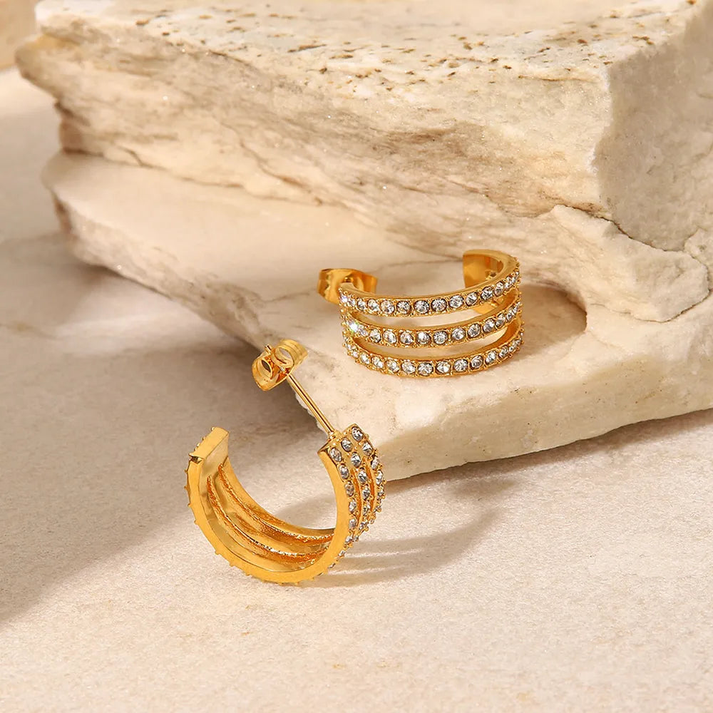 Stainless steel inlaid zircon C-hoop earrings with sparkling stones and sleek silver finish, stylish jewelry for women