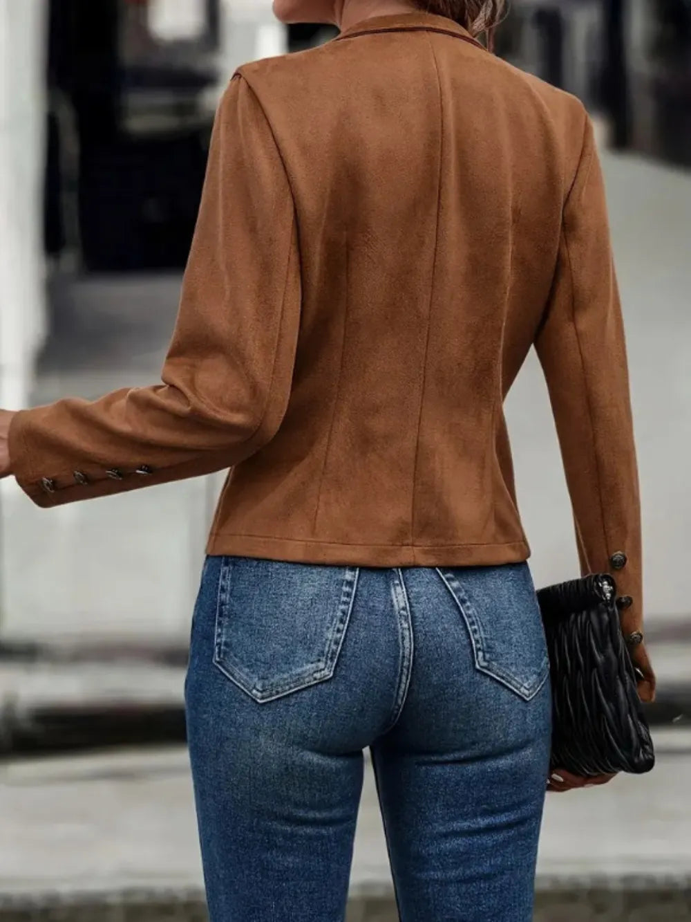 Open-front long sleeve jacket with decorative buttons, view 2
