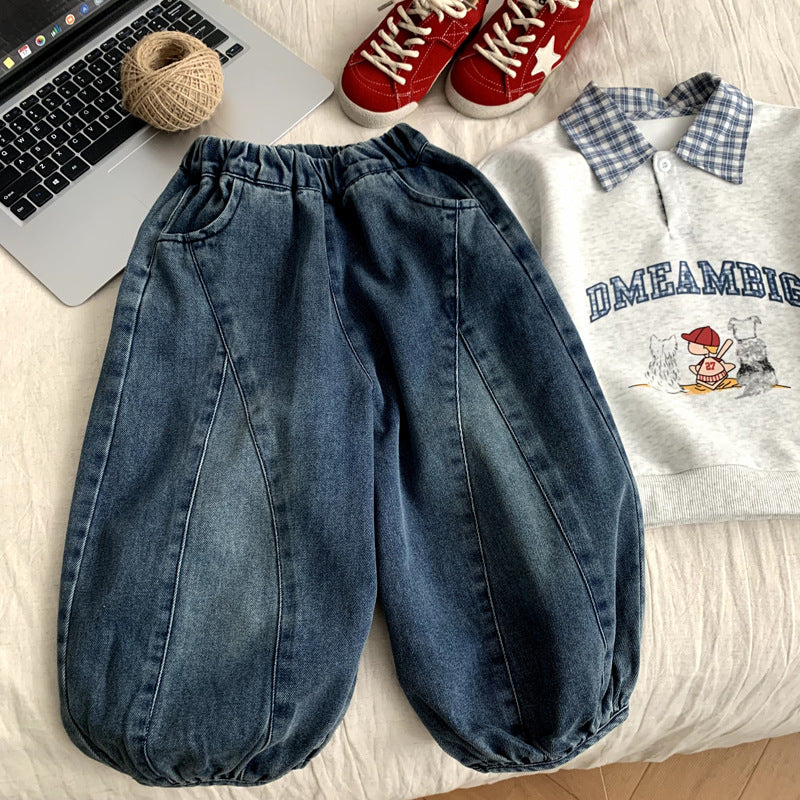 Girls' Cotton Denim Lantern Pants – Blue