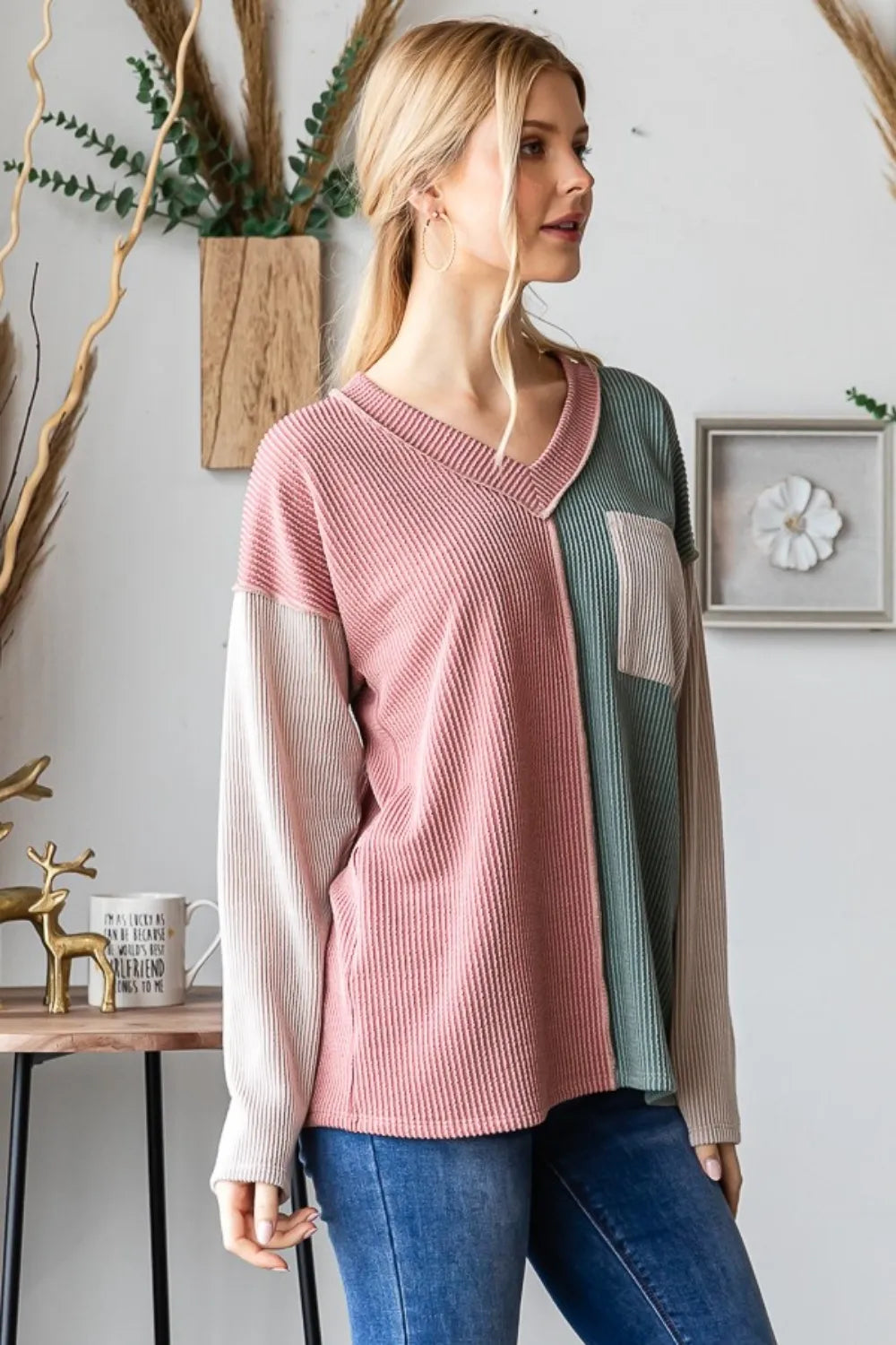 Heimish Color Block Exposed Seam Ribbed T-Shirt with contrasting panels and ribbed texture, styled on a model.