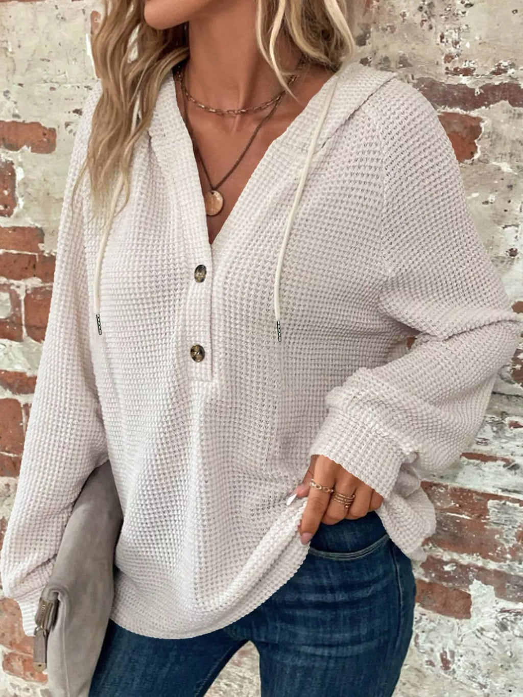 Plus size waffle knit half-button drawstring hoodie, view 13
