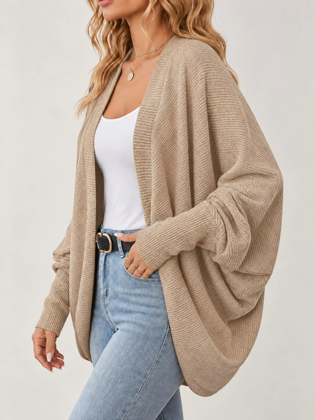 Open-front ribbed batwing sleeve cardigan, view 27