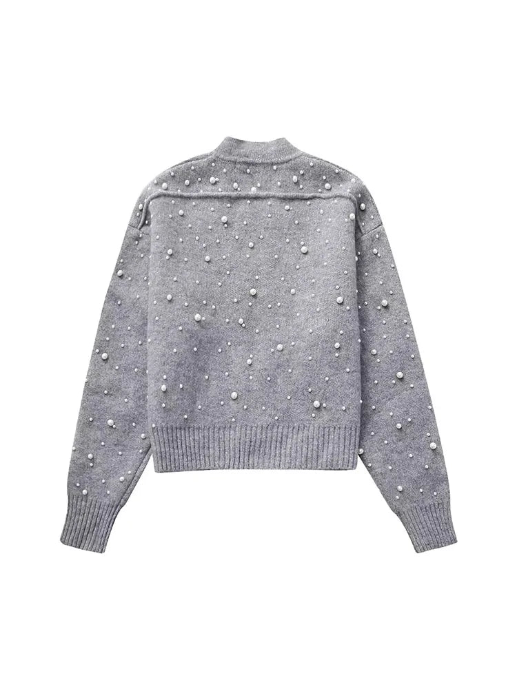 Women Cropped Jacket Fashion Artificial Pearls Knitted Coat Woman Long Sleeve Autumn Bomber Jackets For Women Short Coats