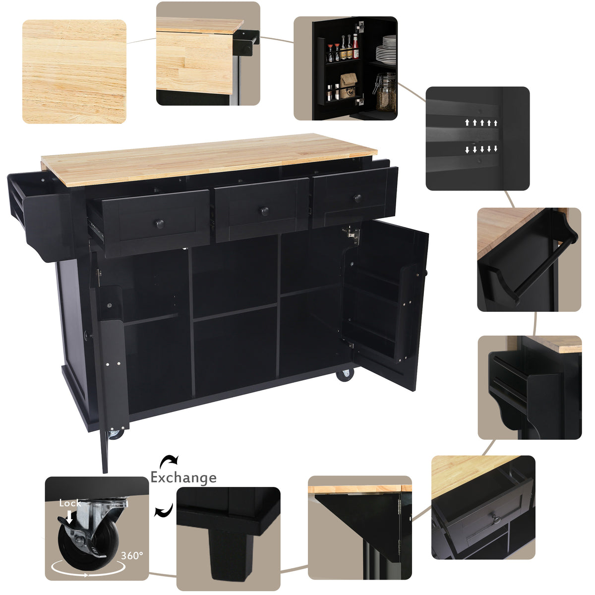 Black Rolling Kitchen Island with Drop-Leaf Top & Storage