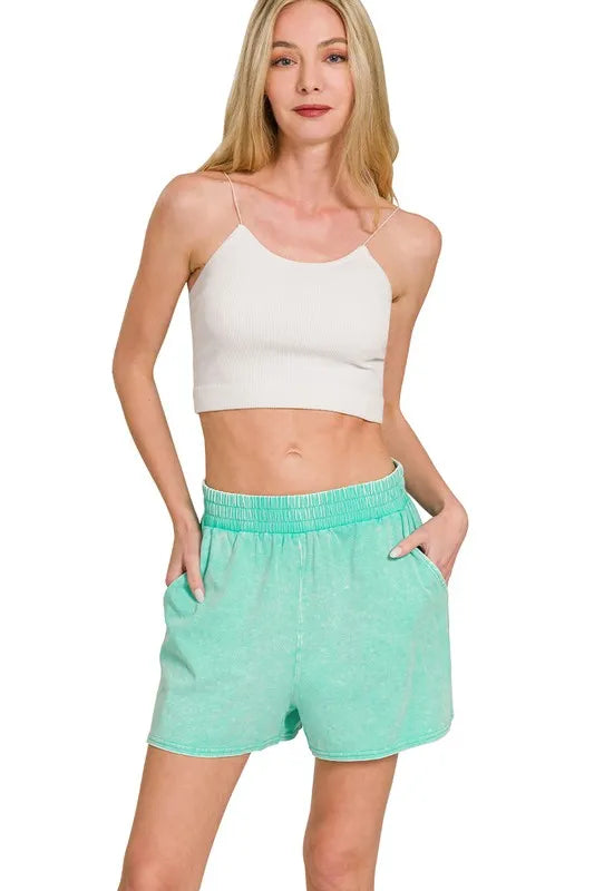 Trendsi Zenana acid washed short sleeve tee and matching shorts set in a casual, relaxed style with a soft, washed finish.