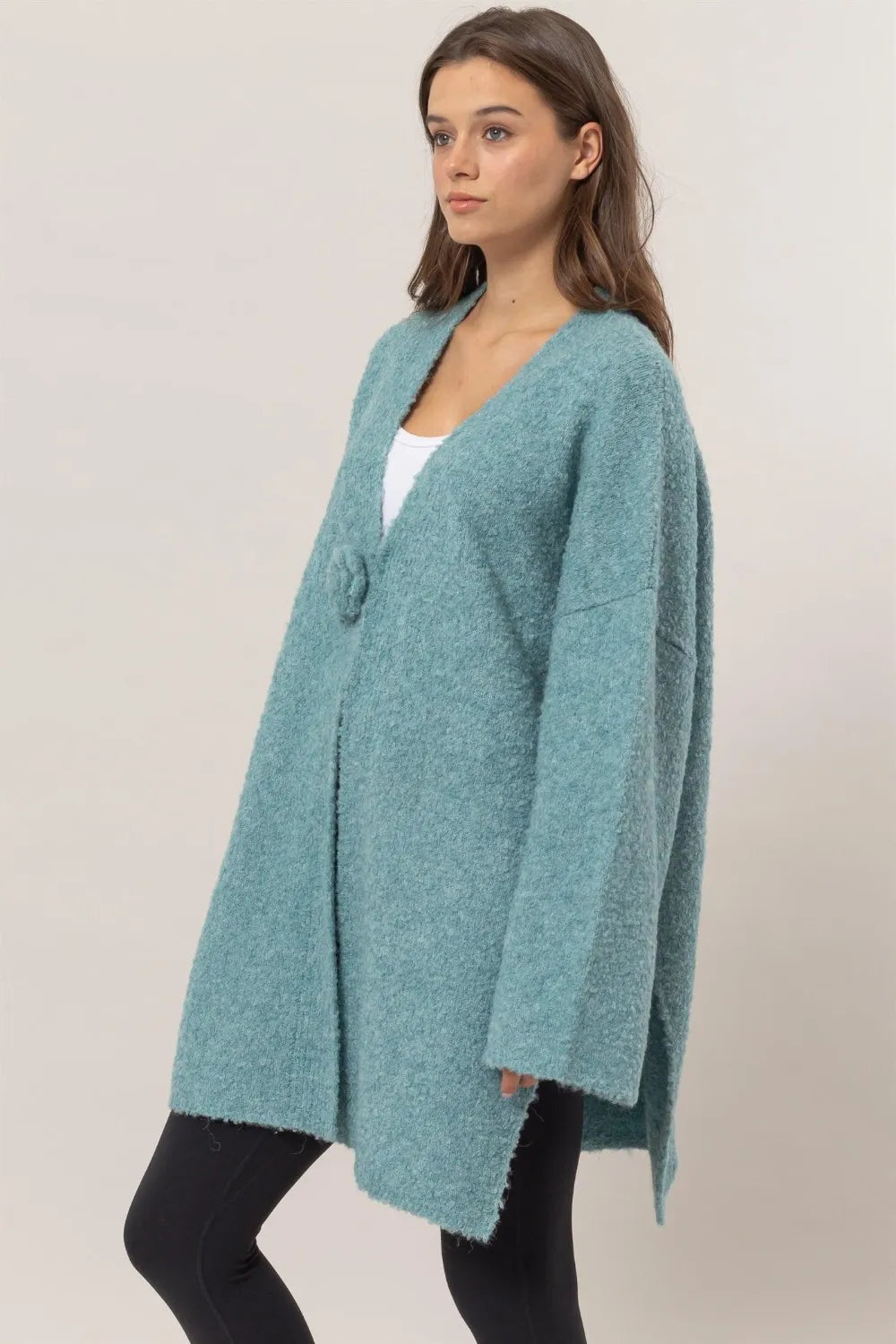 Ocean blue longline sweater cardigan with front rosette, view 3