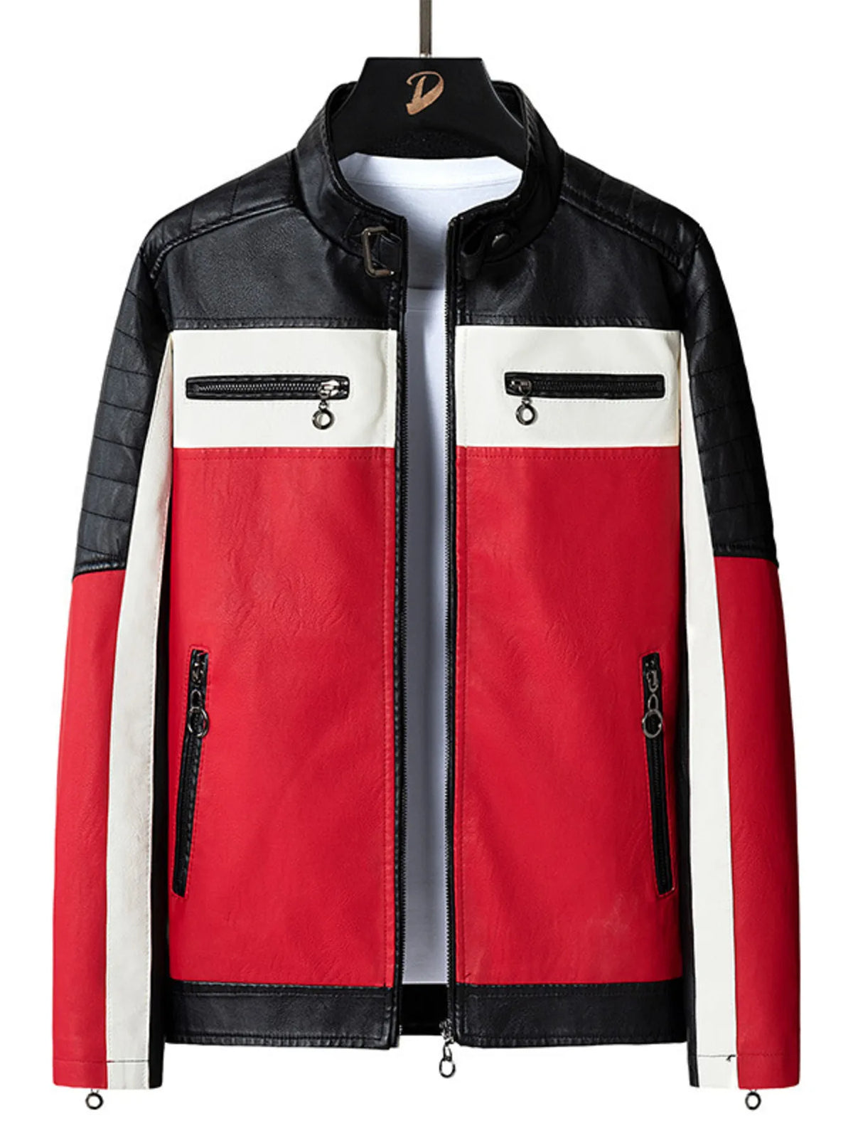 Men's plus size contrast faux leather zip-up jacket, view 4