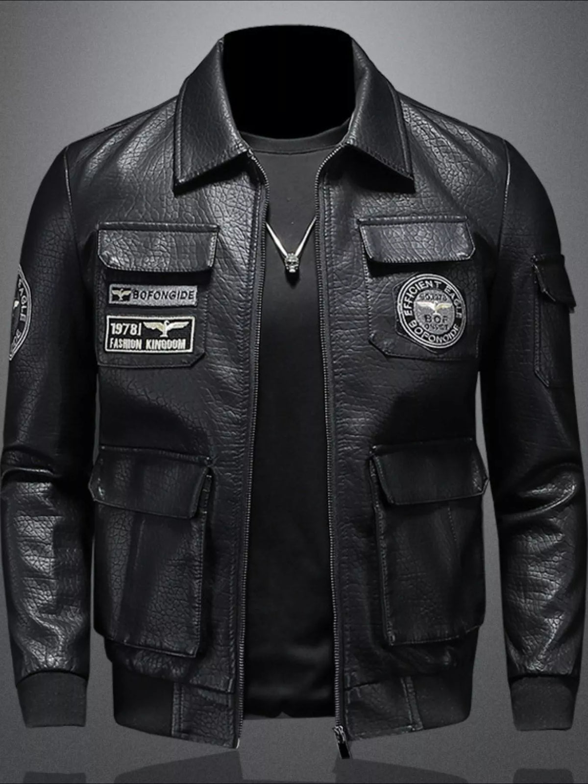 Men's black plus size zip-up bomber jacket, view 4