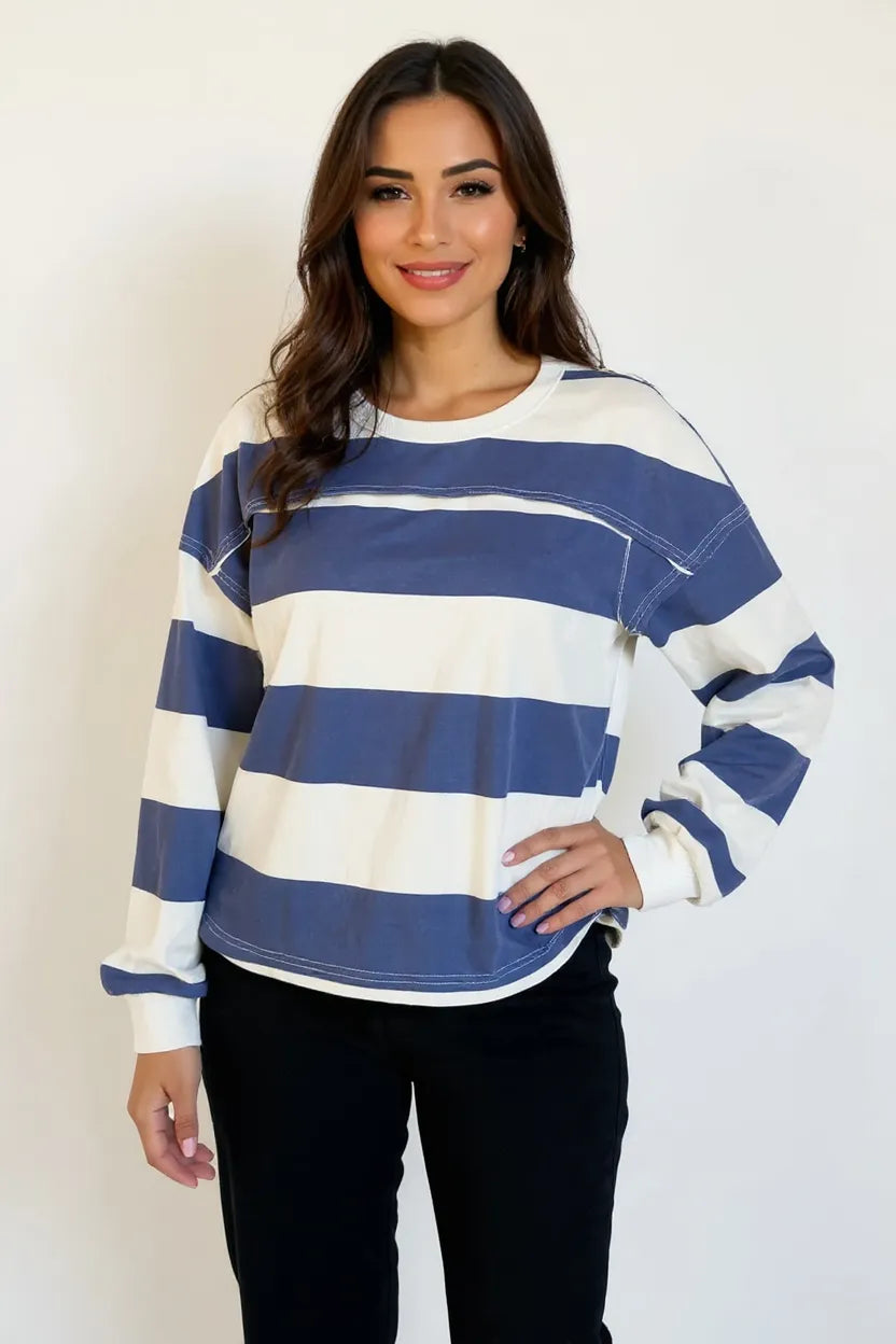 Oh Pima cotton long sleeve T-shirt by Trendsi featuring contrast striped pattern, exposed seams, round neck, and soft fabric.