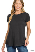 Light blue Zenana Rayon short sleeve T-shirt with a round hem, featuring a flowy fit and casual style.