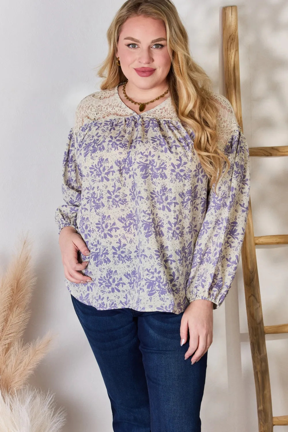 Full size lace detail printed blouse by Hailey & Co, featuring intricate lace accents and a stylish printed design.