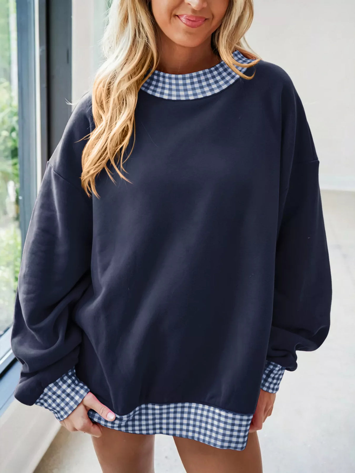 Gingham trim dropped shoulder sweatshirt, view 6