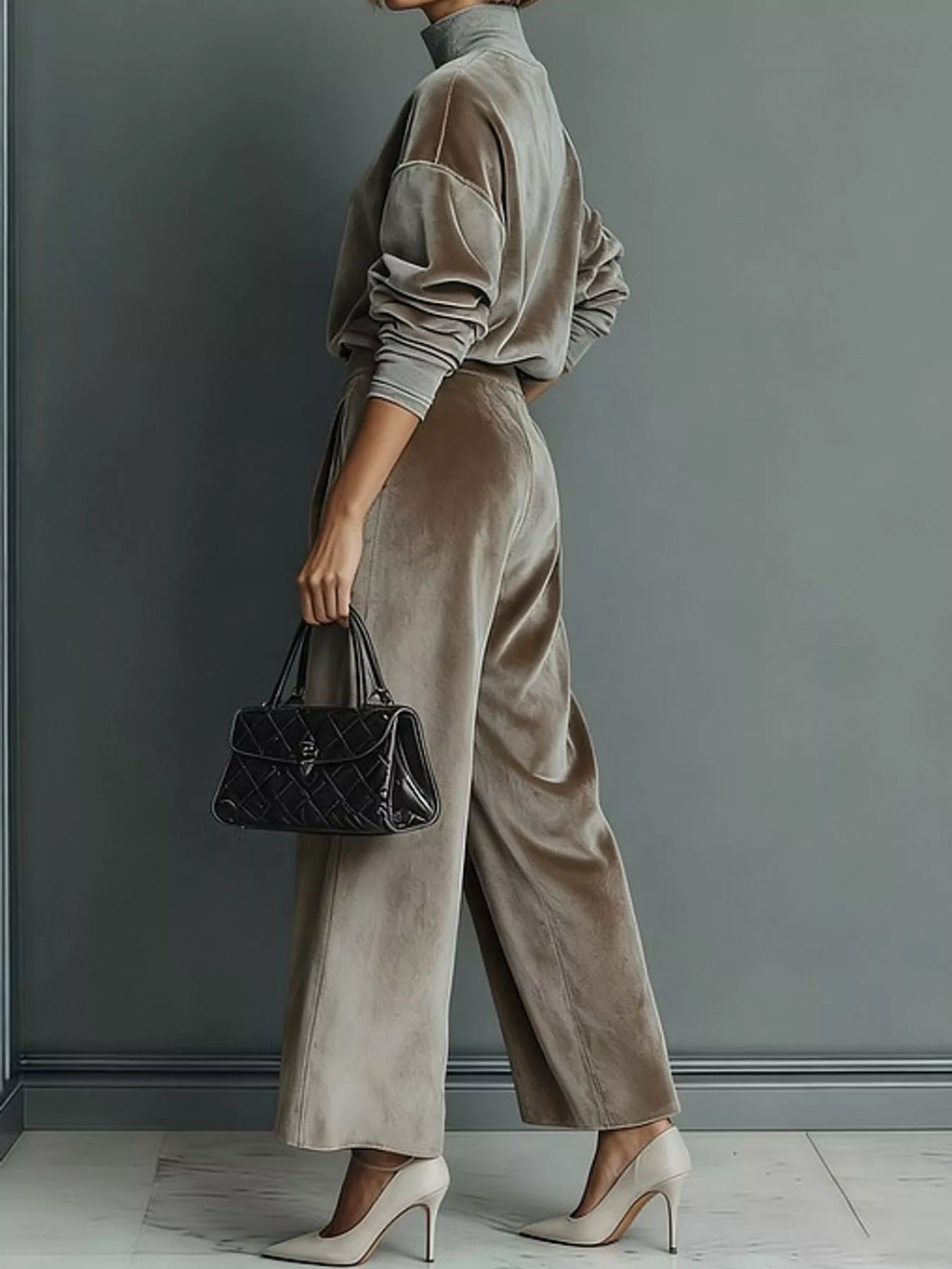 Velvet mock neck long sleeve top and wide-leg pants set in deep color, stylish trendy outfit by Trendsi.
