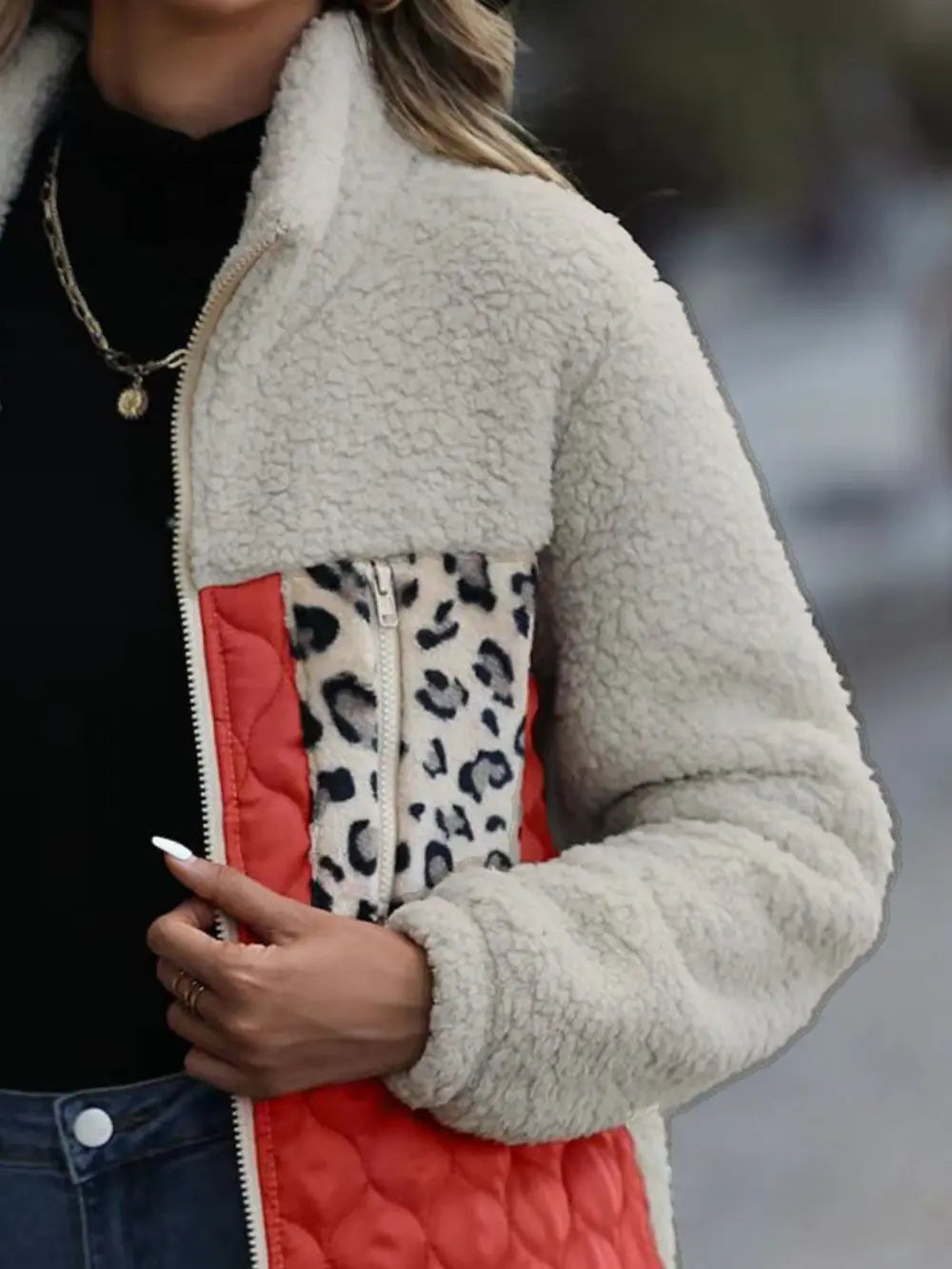 Leopard color block zip-up jacket, view 18