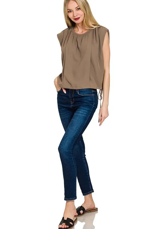Woven sleeveless top with drawstring tie side detail, Zenana brand, styled for casual wear