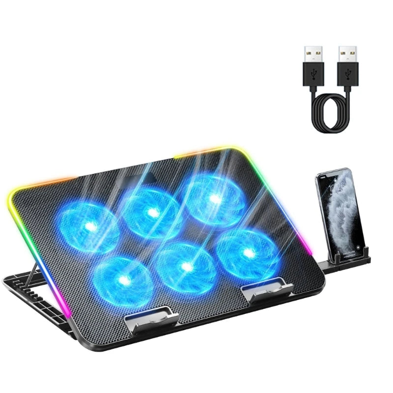 6-Fan LED Laptop Cooling Pad with Phone Holder
