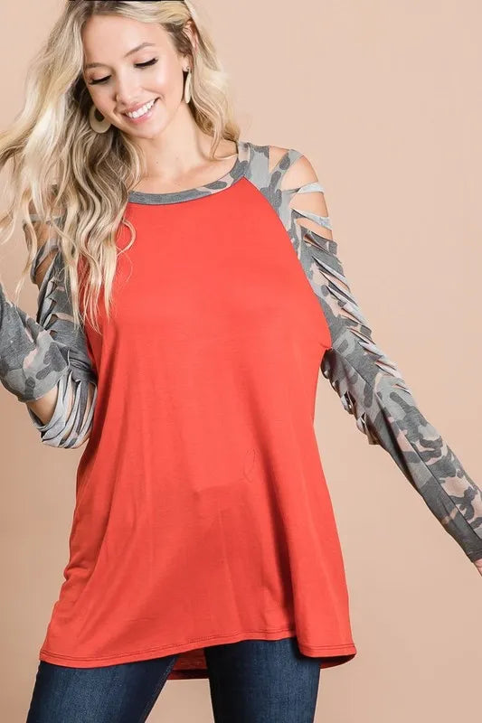 BiBi Jersey Knit Top by Trendsi with camouflage laser cut sleeve details, showcasing a comfortable and stylish casual blouse.