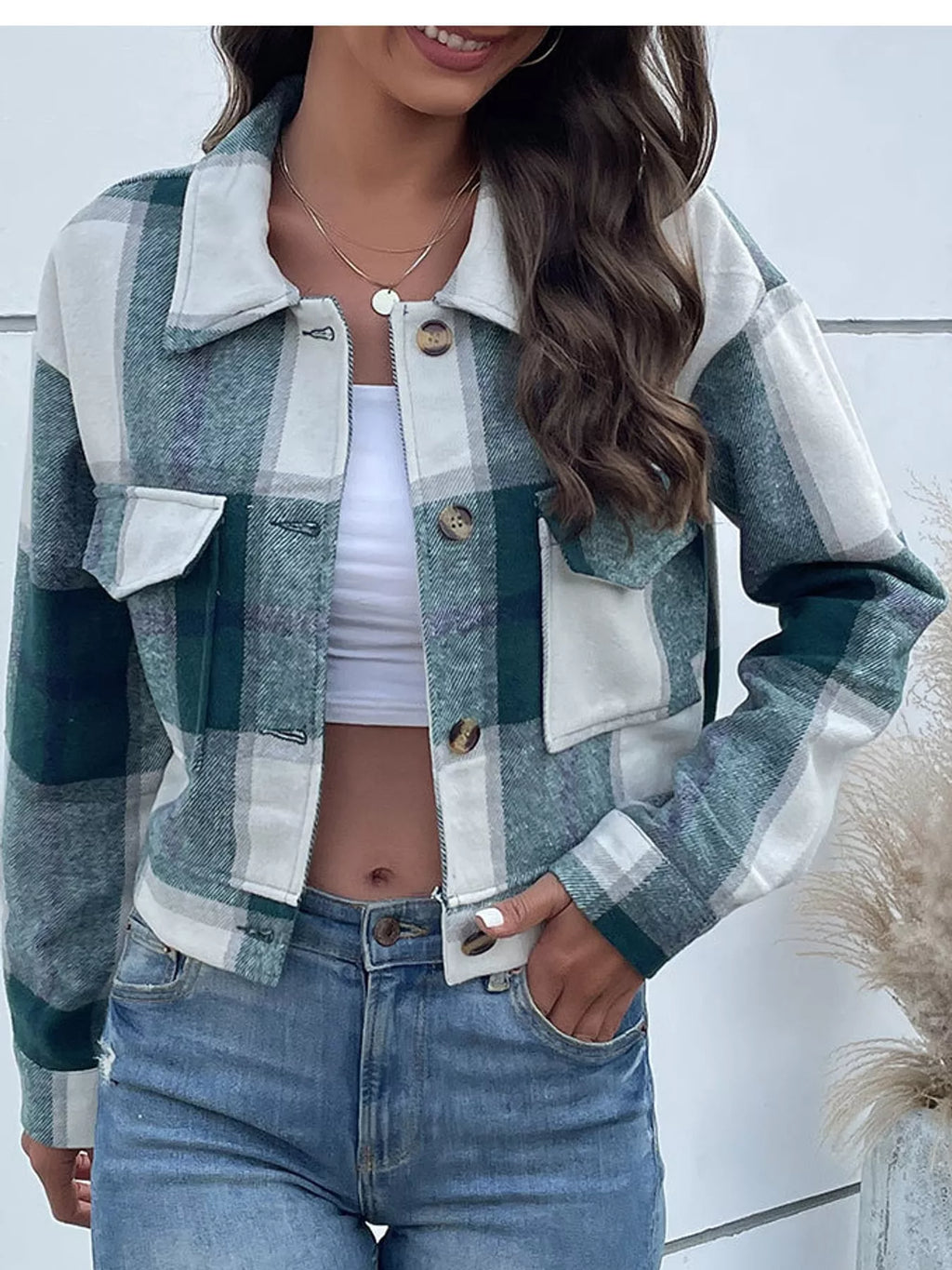 Plaid button-front cropped jacket, view 20