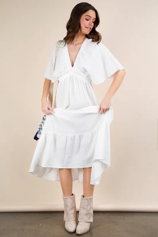 Trendsi Very J Mineral Washed Elastic Neck Detail Midi Dress shown in soft fabric with a fitted waist and midi length.