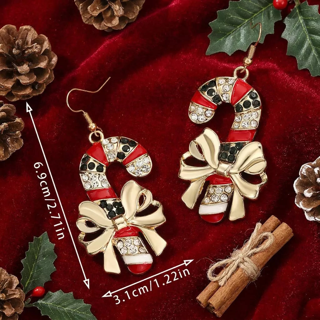 Red Christmas candy cane earrings with zircon, view 4