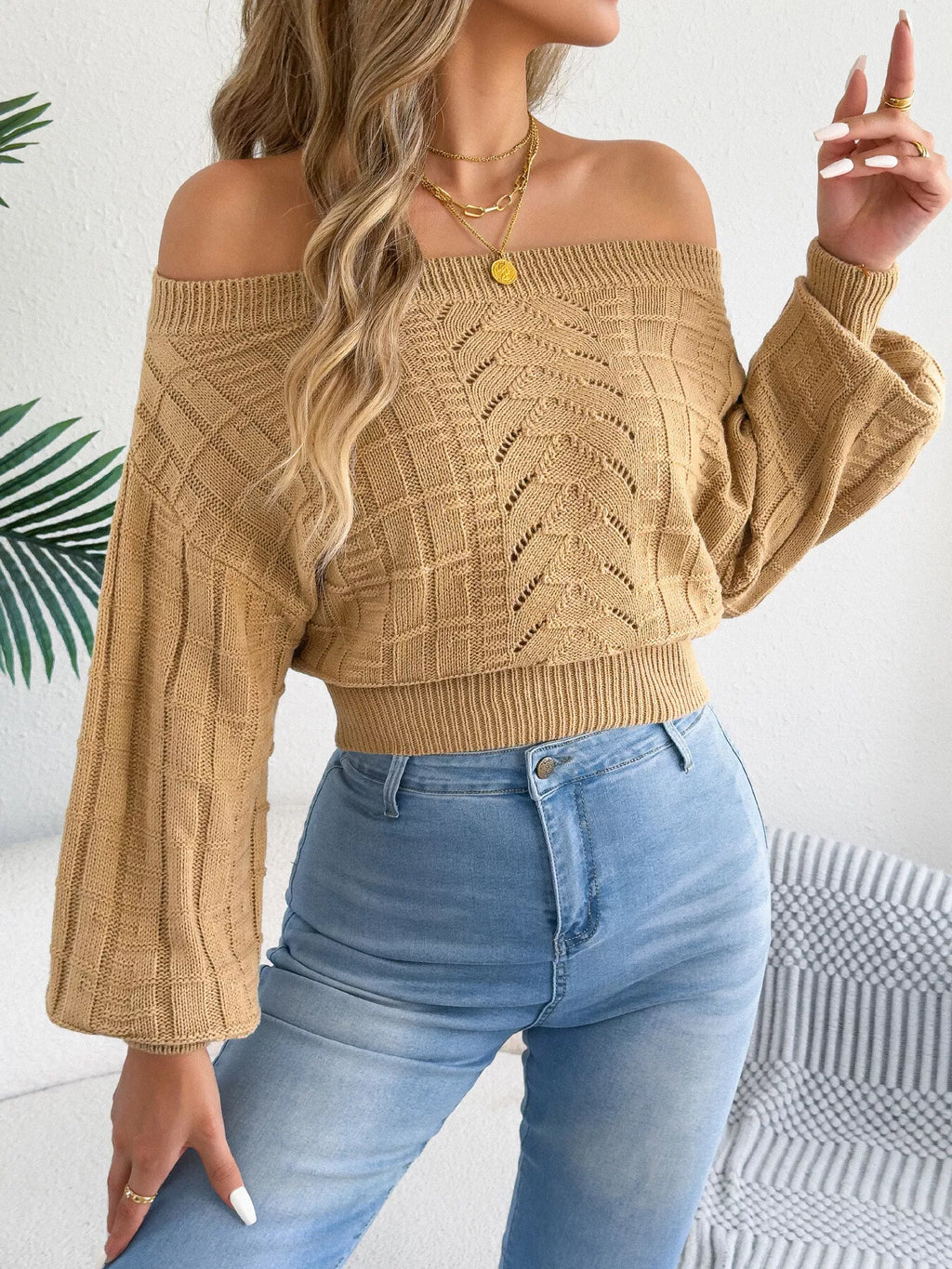 Off-shoulder openwork cropped sweater, view 10