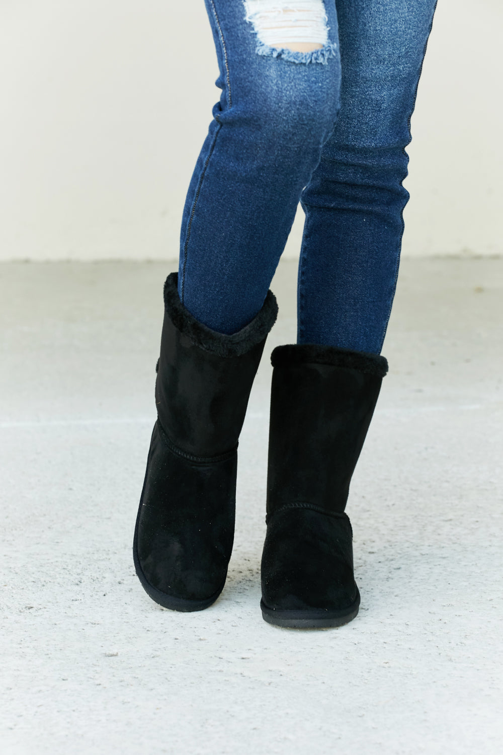 Forever Link Bow Detail Faux Suede Leather Snow Boots with bow accents and rugged soles, stylish and warm winter footwear from Trendsi.
