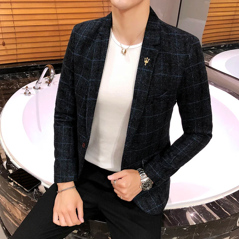 2025 New Men's Casual Plaid Suit Jacket Male Linen Plaid Business Self-cultivation Wedding Dress Party Suit Coat Plus Size S-5XL