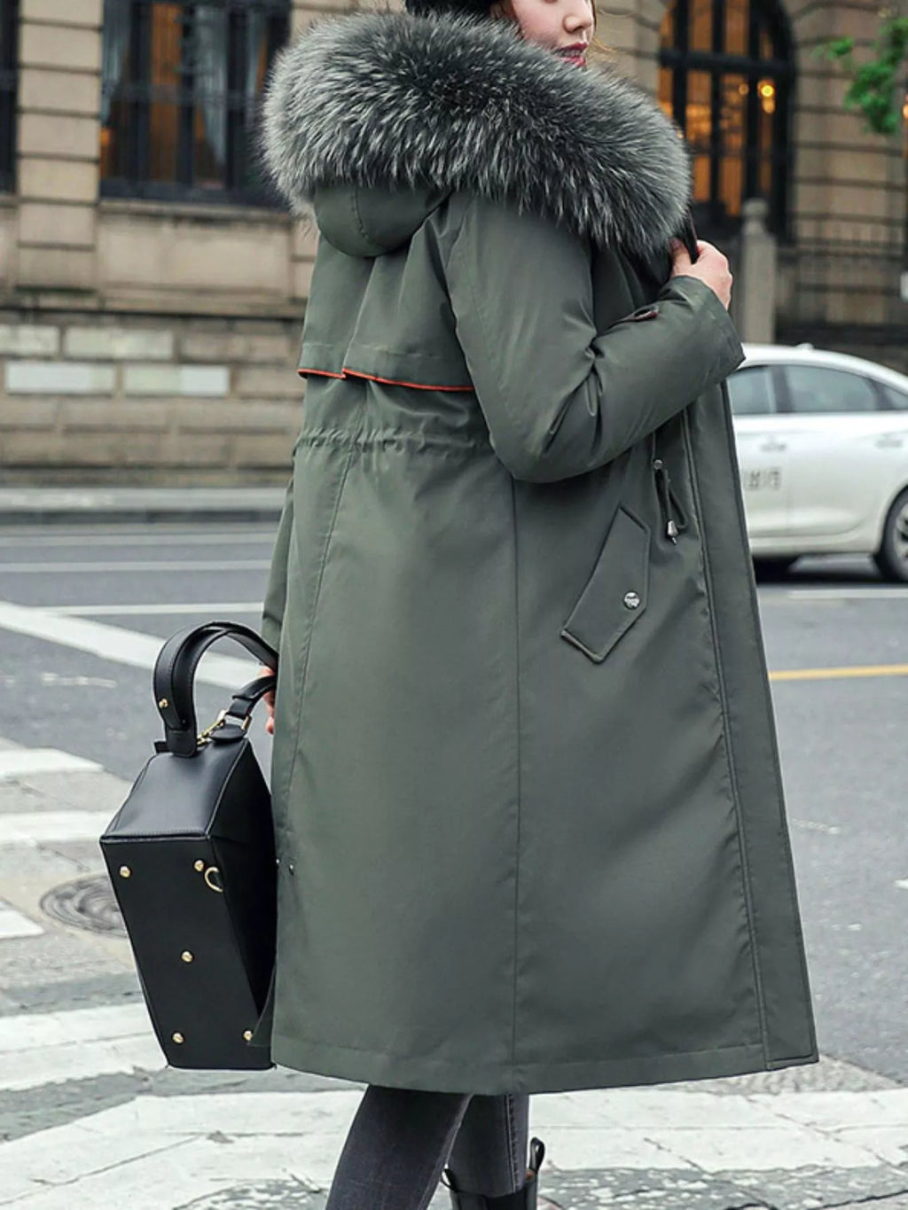 Longline hooded parka with faux fur trim and drawstring waist, view 22