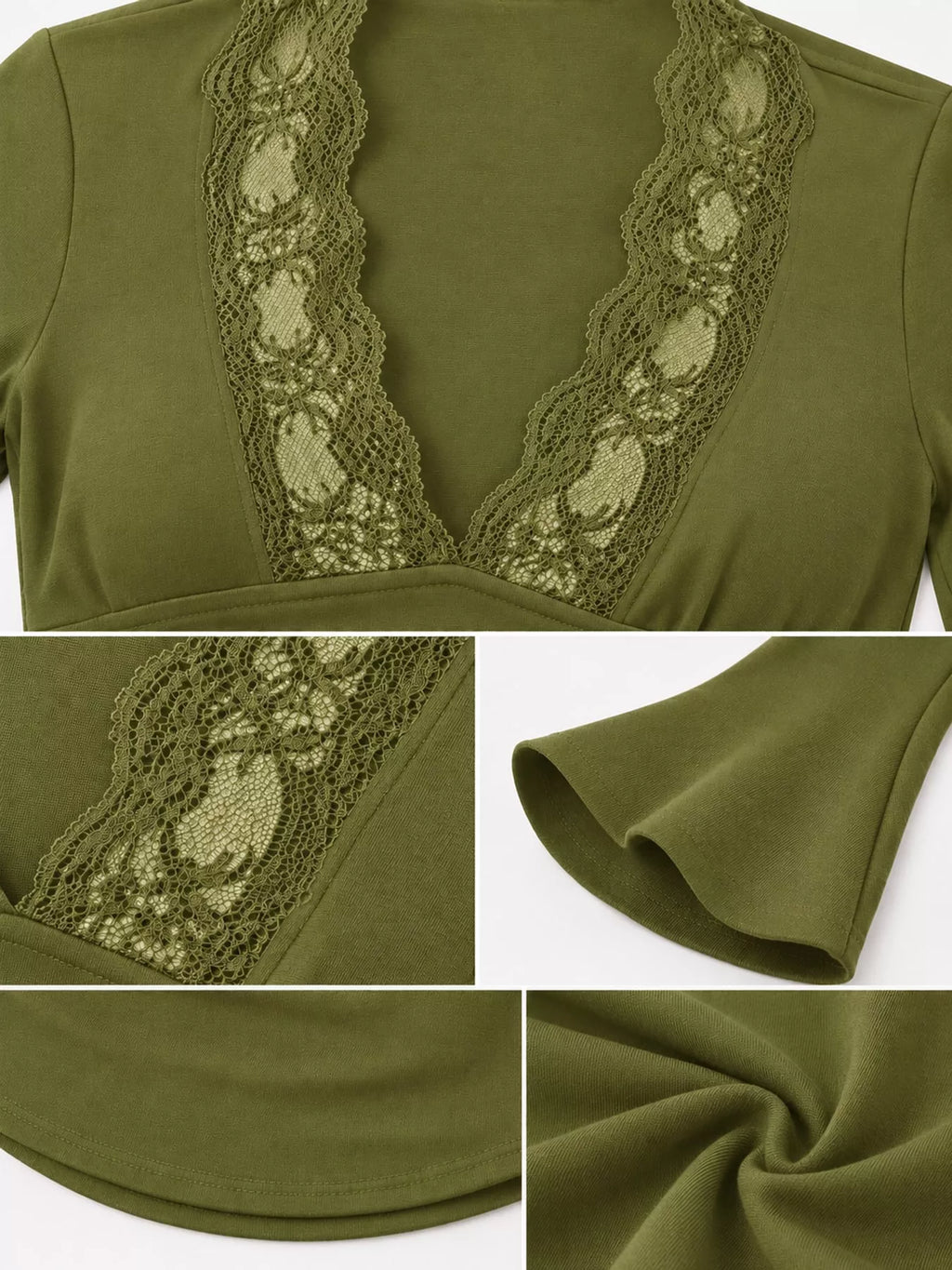 Lace trim V-neck long sleeve slim fit T-shirt from Trendsi, featuring a stylish design with lace detailing on the neckline.