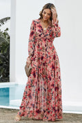 Floral frill trim flounce sleeve plunge maxi dress from Trendsi, featuring a vibrant floral pattern and flowing silhouette.