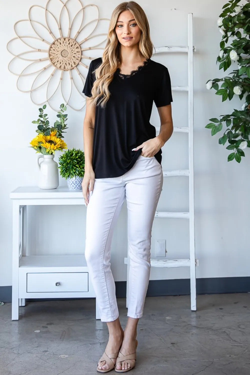 Heimish lace detail v-neck short sleeve T-shirt in white with delicate lace accents, casual and stylish for everyday wear.