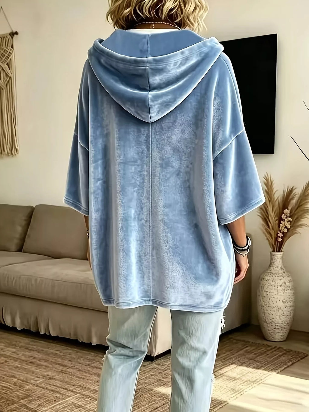 Plus size velvet 3/4 sleeve hoodie with kangaroo pocket, view 4