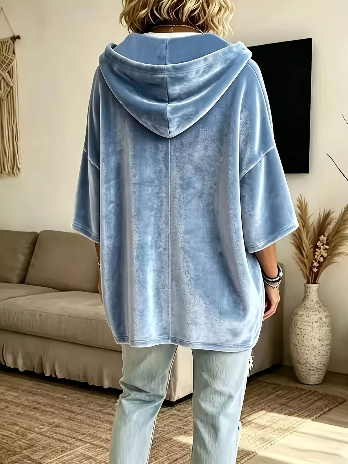 Plus size velvet 3/4 sleeve hoodie with kangaroo pocket, view 4