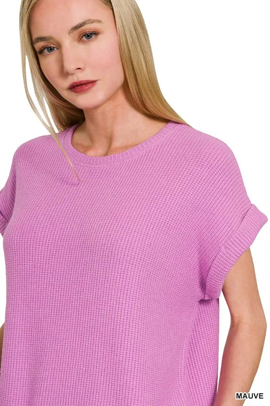 Zenana rolled sleeve top and pants sweater set, soft knit, cozy loungewear in neutral tones, perfect for casual comfort.