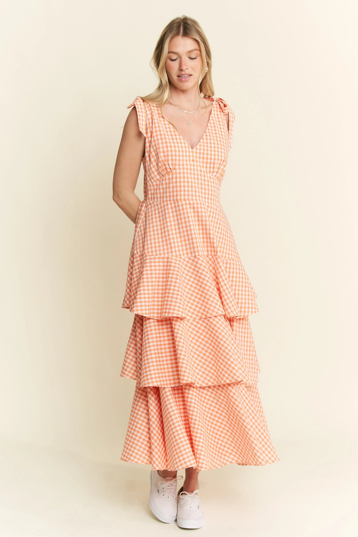 Jade by Jane sleeveless gingham print tiered midi dress featuring a relaxed fit and stylish design, perfect for casual wear.