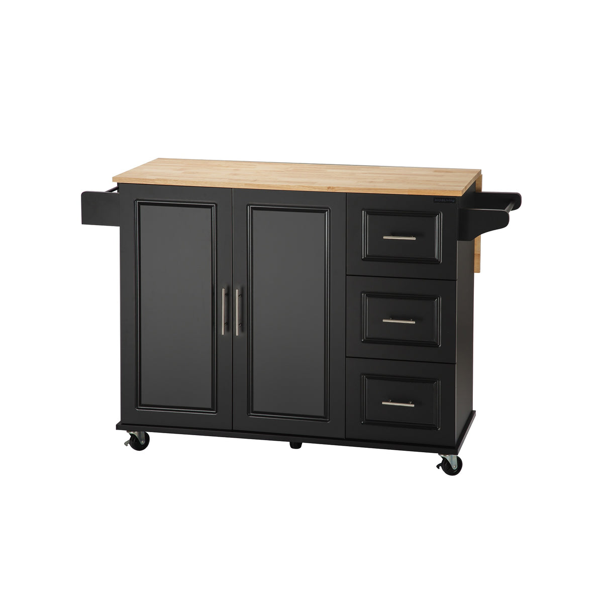 Black Rolling Kitchen Island with Extendable Rubber-Wood Top