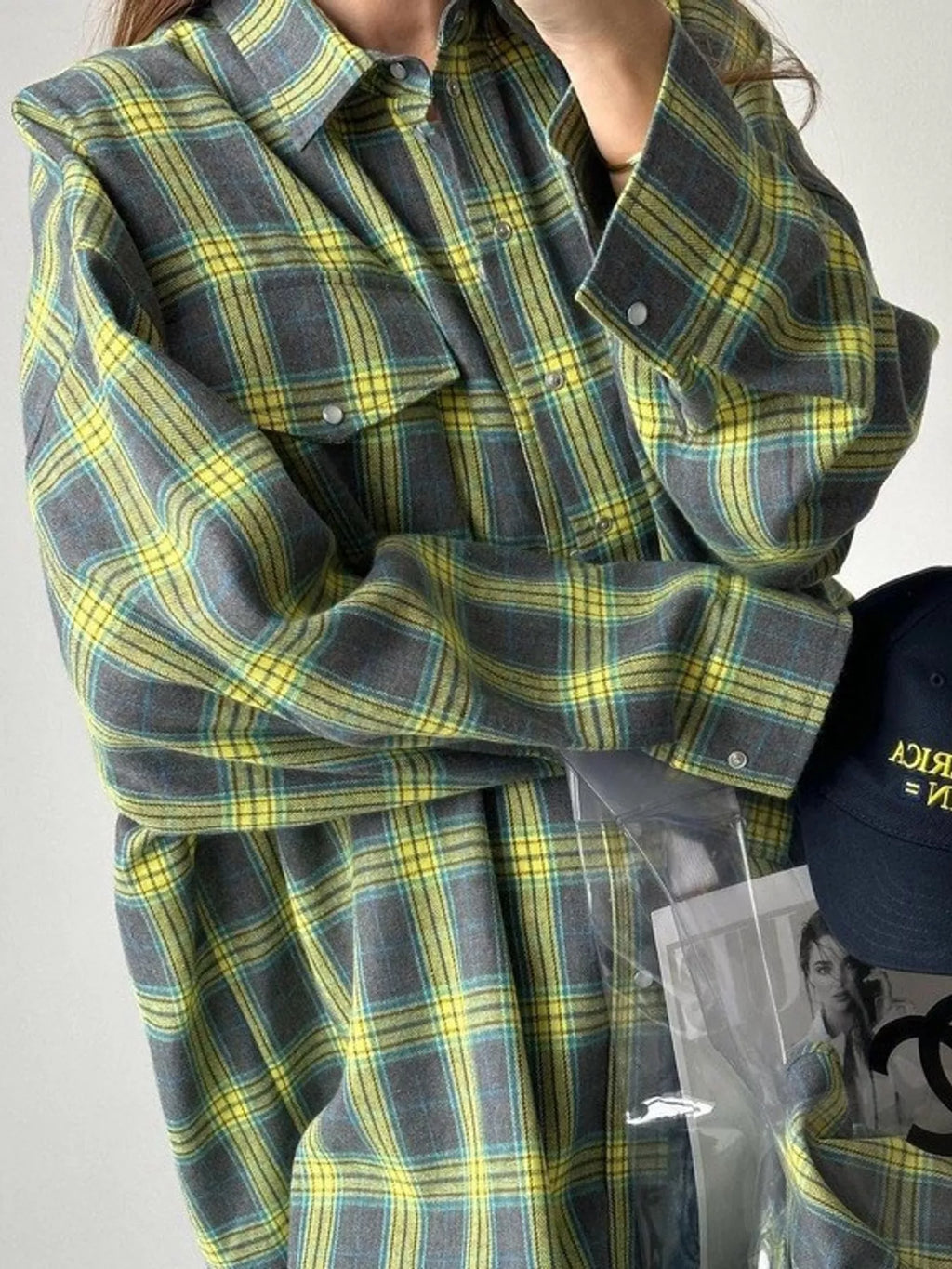 Trendsi plaid button-up shirt with classic pattern, featuring a collar, long sleeves, and front buttons for a casual, stylish look
