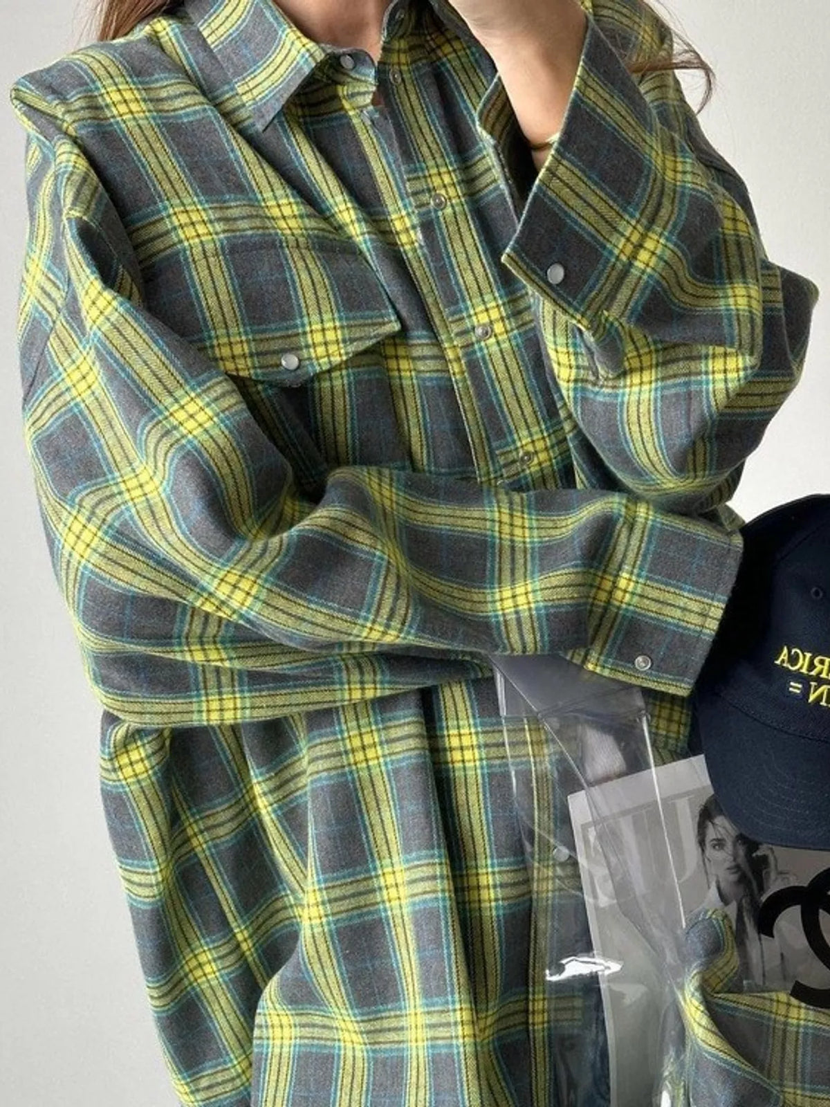 Trendsi plaid button-up shirt with classic pattern, featuring a collar, long sleeves, and front buttons for a casual, stylish look