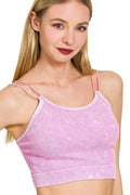 Zenana washed ribbed seamless double strap brami, soft stretchy crop top with twin straps, ideal for casual wear.