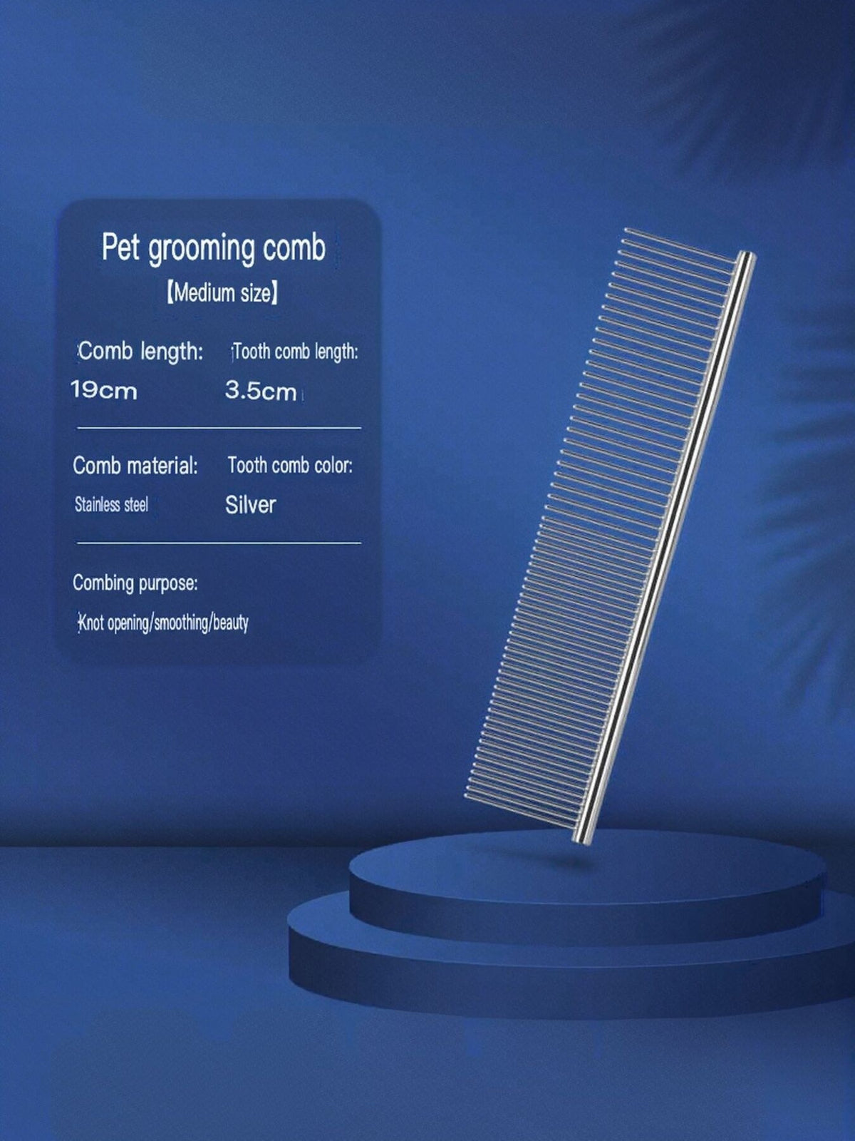 Stainless steel pet grooming comb for hair removal, featuring fine and wide teeth for detangling and shedding control.
