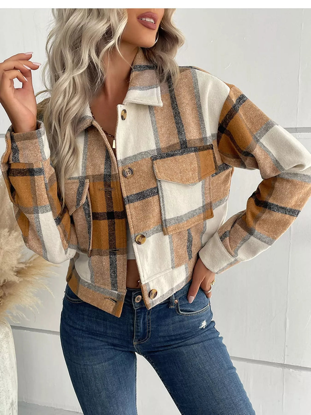Plaid button-front cropped jacket, view 14