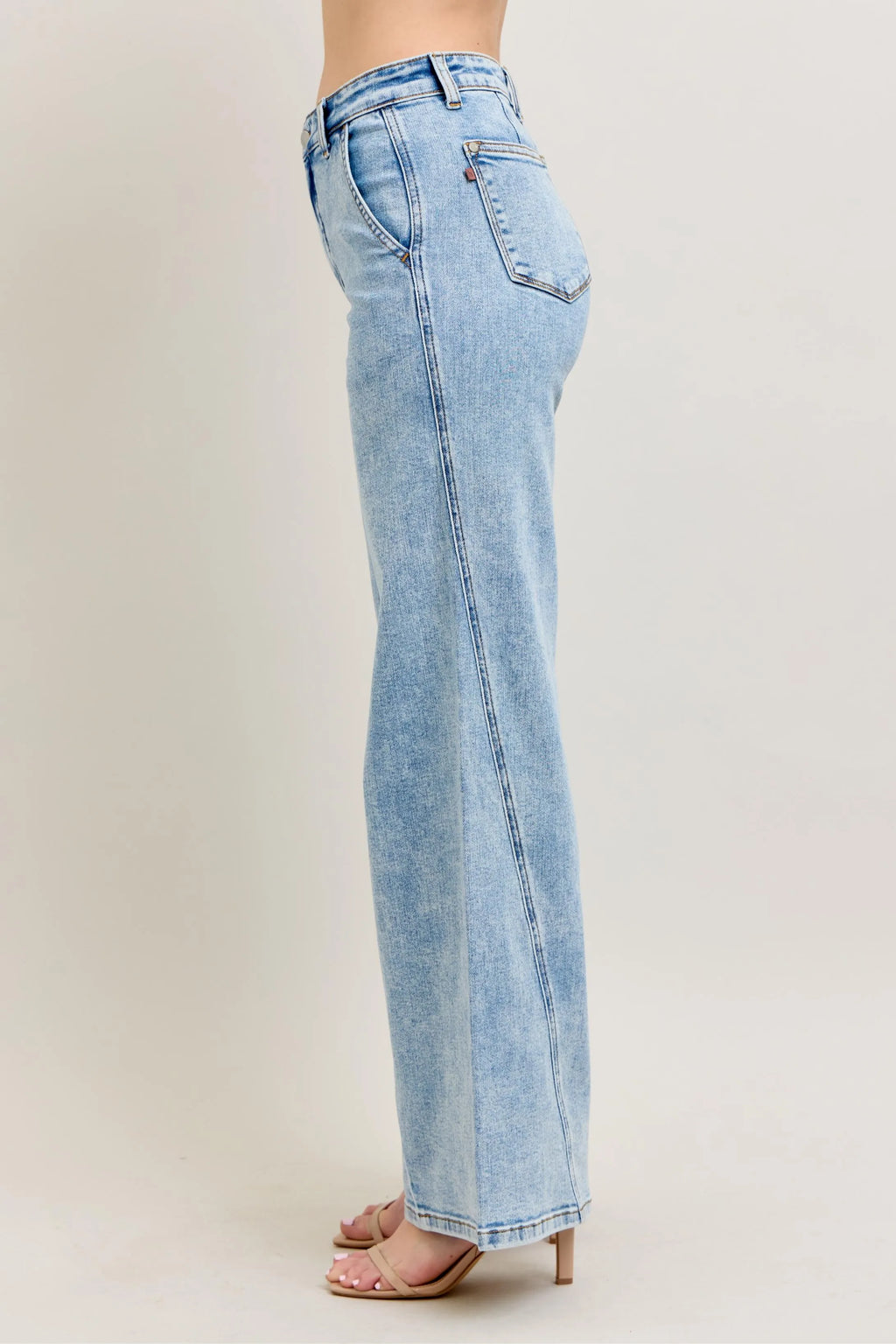 Trendsi Judy Blue full size high waist wide-leg jeans with skewed inseam, plus size, denim fabric, and relaxed fit.