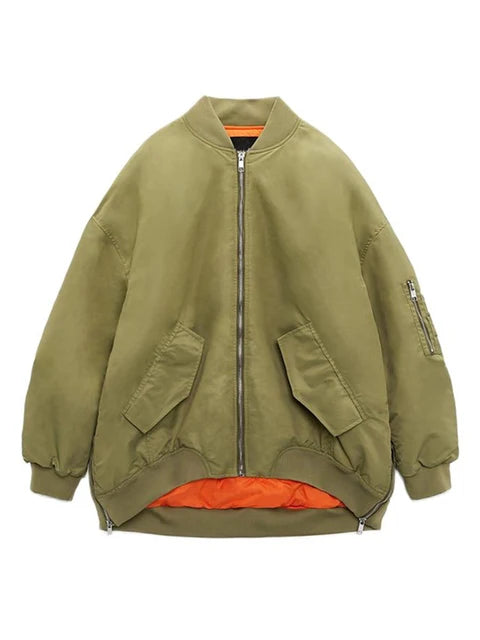Spring Autumn Women's O-Neck Loose Bomber Jacket Women New Oblique Pocket Zipper Jacket Coat Female Casual All-match Jackets